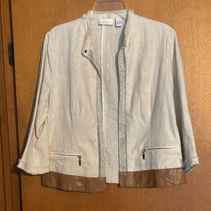 Chicos Collection Cream Linen-Blend Jacket with Brown Trim